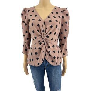 OLM (S) Brown Black Polka Dot V Neck Peplum 3/4 Sleeve Top Blouse